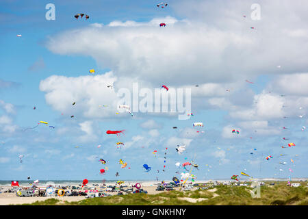 Il Kite festival di colore brillante aquiloni nel cielo sopra Rindby Strand Beach sull'isola di Fano - Fanoe - sud dello Jutland, Danimarca Foto Stock