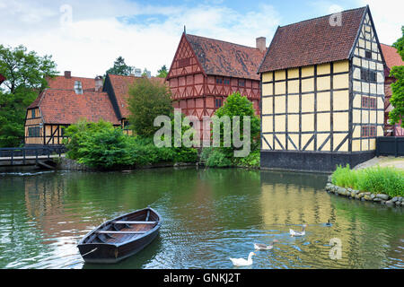 Barca e oche a Den Gamle By, la Città Vecchia, open-air folk museum ad Aarhus, jutland orientale, la Danimarca Foto Stock