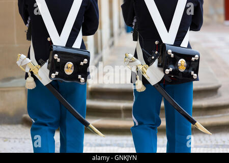 Armata danese sentry soldati in uniforme sul dovere di guardia presso il Royal Il Palazzo di Amalienborg a Copenhagen, Danimarca Foto Stock