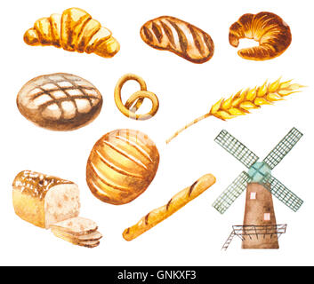 Dipinto a mano il pane ad acquerello, mulino, baguette, croissant Foto Stock