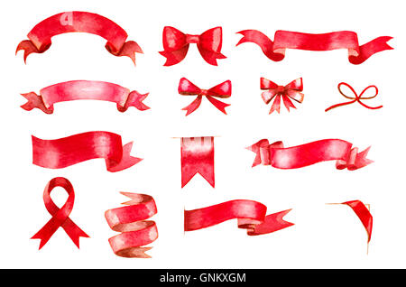 Set di dipinto a mano rosso nastri ad acquerello e archi Foto Stock