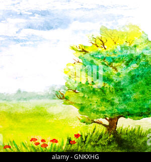 Acquarello dipinto a mano paesaggio con alberi e fiori Foto Stock