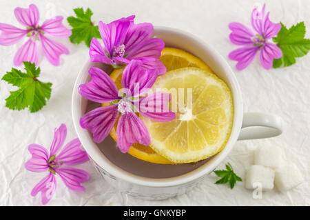 Malva Sylvestris, malva, tè con limone e fiori freschi Foto Stock