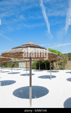 Resort sulla spiaggia con ombrelloni di paglia e sabbia bianca con il verde paesaggio naturale in background Foto Stock