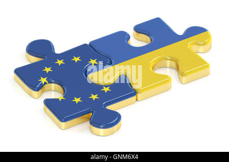 Ucraina e Unione europea puzzle dalle bandiere, rendering 3D Foto Stock