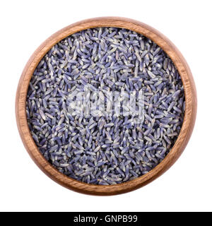 Secchi fiori di lavanda in una ciotola di legno su bianco. Lavandula angustifolia con viola chiaro fiori utilizzati come le erbe culinarie. Foto Stock