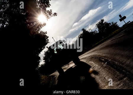 Il trattore su strada,il trattore, su strada, agriturismo, rimorchio, lavoratore, agricoltore, coltivazione, spostare la coltivazione, l'agricoltura, l'autunno, terreni agricoli, flo Foto Stock