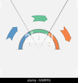 Una infografica modello con aree di testo su posizioni threer frecce di colore e semicerchio Foto Stock