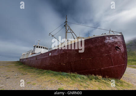 Naufragata la nave da pesca abbandonata nel villaggio di Djupavik nel Strandir costa della regione del West fiordi, Islanda Foto Stock