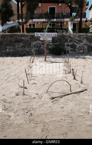 Avviso di marcatura di un nido di tartaruga su una spiaggia di Zante Grecia Foto Stock