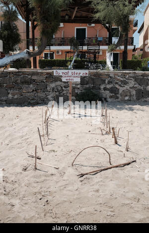 Avviso di marcatura di un nido di tartaruga su una spiaggia di Zante Grecia Foto Stock