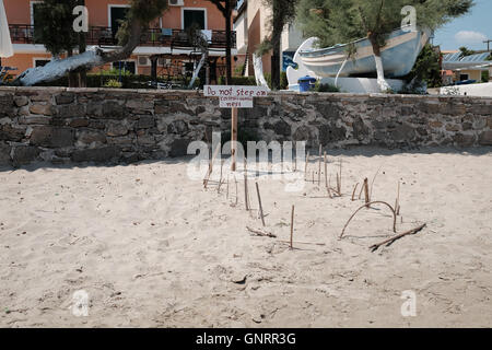 Avviso di marcatura di un nido di tartaruga su una spiaggia di Zante Grecia Foto Stock