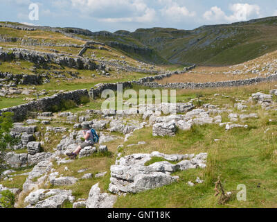 Walker in appoggio in valle Watlowes, Ing cicatrice sul del The Pennine Way sopra Malham Cove, Yorkshire Dales National Park Foto Stock