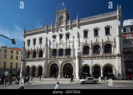 Lisbona, Portogallo, Eingangsgebaeude di Lisbona stazione Rossio Foto Stock