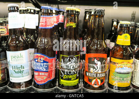 La birra artigianale la sezione a Wegmans Fruttivendolo, Westwood, Massachusetts, STATI UNITI D'AMERICA Foto Stock