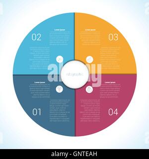 Elementi per una infografica modello a quattro posizioni, fasi, componenti con area di testo colorato a forma di petali di fiori. Grafico a torta Illustrazione Vettoriale
