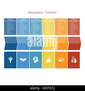 Timeline modello infografico frecce colorate numerate per sei posizione può essere usata per il flusso di lavoro, banner, diagramma, web design Illustrazione Vettoriale