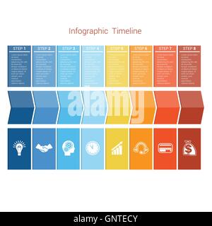 Timeline modello infografico frecce colorate numerate per otto posizione può essere usata per il flusso di lavoro, banner, diagramma, web design, Illustrazione Vettoriale