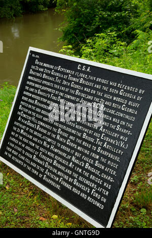 Scheda interpretativa al ponte di Burnside, Antietam National Battlefield, Maryland Foto Stock