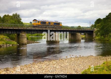 Classe 66 GB merci su rotaie treno merci " Colchester Signalbox potenza". South Tyne, Ridley Hall ponte ferroviario, Bardon Mill, UK. Foto Stock