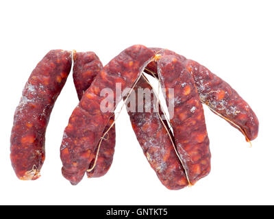 Asturias chorizo salsicce di maiale isolato su bianco Foto Stock