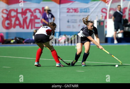 Azione dalla Scozia contro Ulster in Hockey sul primo giorno di scuola Giochi 2016, Loughborough University. Stampa foto di associazione. Picture Data: giovedì 1 settembre 2016. Foto Stock