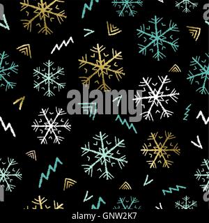 Modello senza cuciture con disegnati a mano il simbolo del fiocco di neve scarabocchi e forme geometriche in colori oro ideale per lo sfondo di Natale. EPS10 Illustrazione Vettoriale