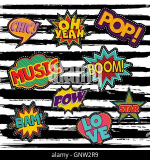 Set di pop art adesivi di testo o disegni di patch con retro 80s del libro di fumetti di fumetti. EPS10 vettore. Illustrazione Vettoriale
