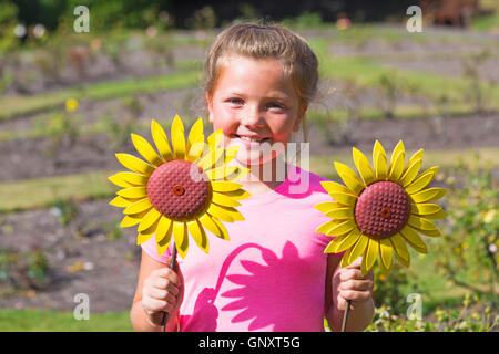 Poole, Dorset, Regno Unito. 1 Sep, 2016. Un toccante display del 1000 realizzati artigianalmente in metallo e plastica girasoli sono piantati nel giardino di rose a Poole Park per rappresentare le 1000 persone locali curati ogni anno dalla foresta Holme ospizio di Poole. Il mare di fiori gialli sarà sul display durante il mese di settembre per il pubblico a visitare e ricordare i loro cari. I fiori sono stati realizzati a mano da parte del Teatro Regio in Plymouth che ha giocato una parte integrante nella Torre di Londra il papavero display. Credito: Carolyn Jenkins/Alamy Live News Foto Stock