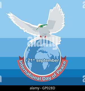 Il vettore per la Giornata Internazionale della Pace. Colomba bianca con ramo verde sulla parte superiore della mappa del mondo, su sfondo blu. Illustrazione Vettoriale