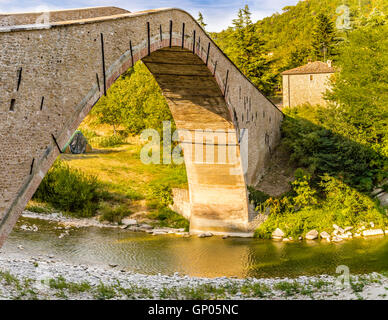 500 anni hog backed Rinascimento ponte di collegamento tra due rive con singolo span in campagna italiana Foto Stock