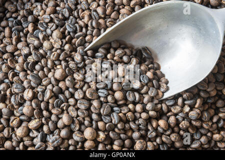 Chicchi di caffè tostati in cesto con alluminio siviera. copia di spazio. Foto Stock