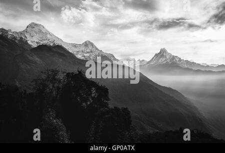 Vista del picco himalayano il 6993 ms. monte Machhapuchhare-Fish Coda e Annapurna Sud, Nepal. In bianco e nero. Foto Stock