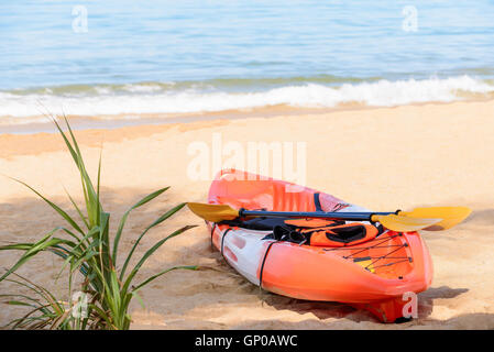 Una canoa sulla spiaggia con le pale e il giubbotto di salvataggio a giornata di sole. Foto Stock