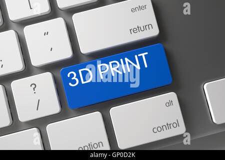 3D Stampa Concetto Tastiera in alluminio con 3D Stampa su Blu pulsante invio sfondo, messa a fuoco selezionata. 3D'illustrazione. Foto Stock