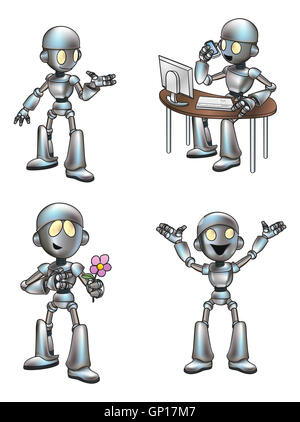 Cartoon robot carattere mascotte in pose diverse Foto Stock