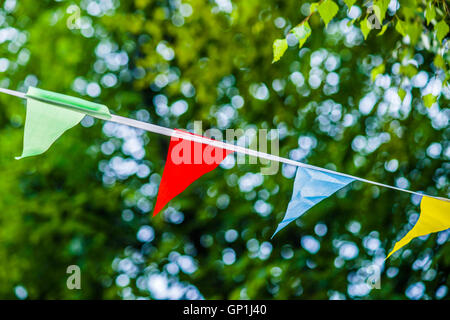 Quattro fiamme di verde, rosso, blu e giallo di colori su una fune nel vento contro lo sfondo sfocato di foglie verdi e blu Foto Stock