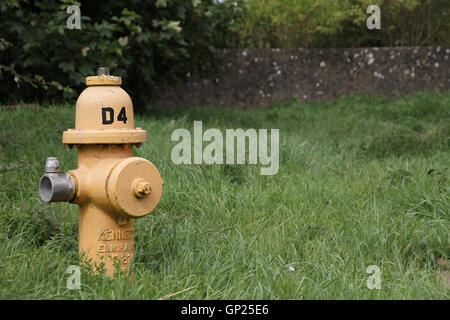 Giallo kennedy k-81 canna secco idrante di fuoco situato in un'erba orlo su un vecchio usaf / raf airfield in Cotswolds, Inghilterra, GB Foto Stock