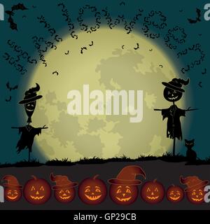 Paesaggio di Halloween, luna e zucche Illustrazione Vettoriale