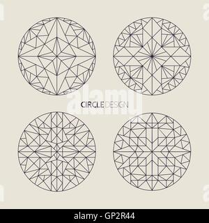 Forma di cerchio insieme di ornamentali design geometrico mandala in linea stile arte con geometria sacra elementi. EPS10 vettore. Illustrazione Vettoriale