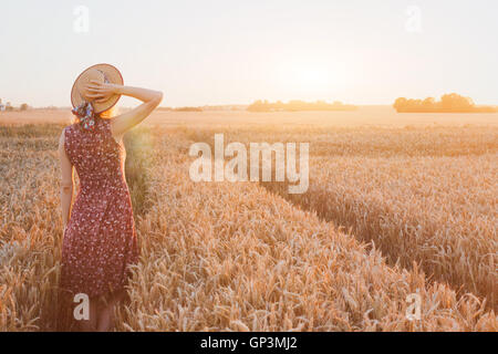 Estate felice giovane donna nel campo di grano dal tramonto, daydream, bello sfondo con posto per il testo Foto Stock