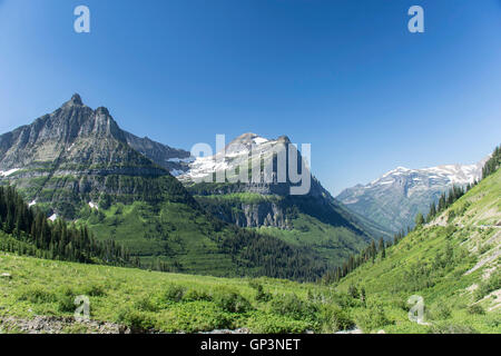 Un trascurare che mostra montagne coperte di neve per andare-per-il-sun road nel Parco Nazionale di Glacier, Montana, Stati Uniti. Foto Stock