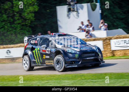 2016 Ford Focus RX World Rally Championship auto con autista Ken Block, 2016 Goodwood Festival of Speed, Sussex, Regno Unito. Foto Stock
