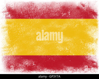 Vernice in polvere che esplodono in colori della bandiera della Spagna isolati su sfondo bianco. Abstract Esplosione particelle di polvere colorata. Foto Stock