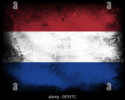 Vernice in polvere che esplodono in colori della bandiera Holland isolati su sfondo nero. Abstract Esplosione particelle di polvere colorata. Foto Stock