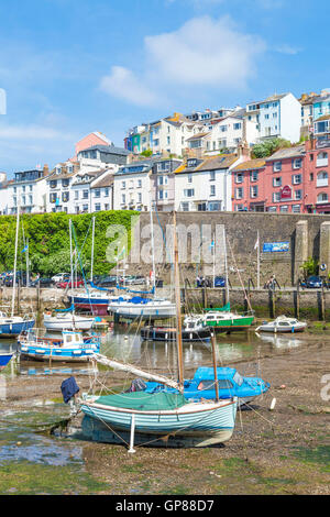 Porto di Brixham Brixham Devon Yachts e barche da pesca in bassa marea Porto di Brixham Brixham Devon Inghilterra GB Europa Foto Stock