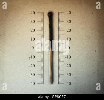 Bruciò match che indica la temperatura su una scala come un termometro. Il riscaldamento globale e aumento della temperatura concept Foto Stock