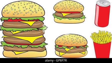 Illustrazione Vettoriale di Cartoon hamburger, patatine e un possibile isolato su uno sfondo bianco Illustrazione Vettoriale