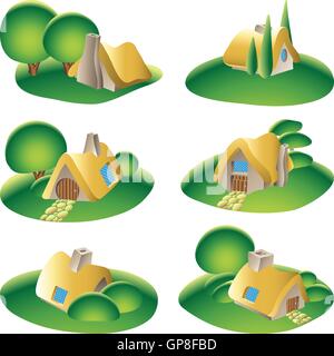 Set di fantasia case di paese isolato su bianco Illustrazione Vettoriale