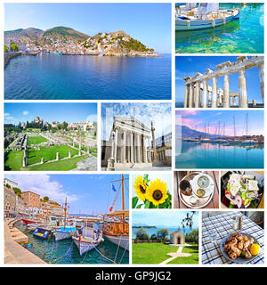 Collage di Grecia - cibo greco - antichi edifici - isola mare Foto Stock